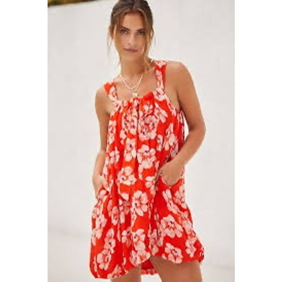 Anthropologie Tiered Gauze Bubble Hem Mini Dress Bright Red Floral Lined Cotton - Picture 1 of 9